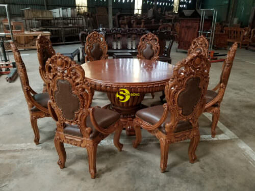 Bộ bàn ghế phòng ăn gỗ gõ đỏ cổ điển bọc da bò cao cấp BBA124