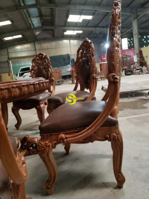 Bộ bàn ghế phòng ăn gỗ gõ đỏ cổ điển bọc da bò cao cấp BBA124