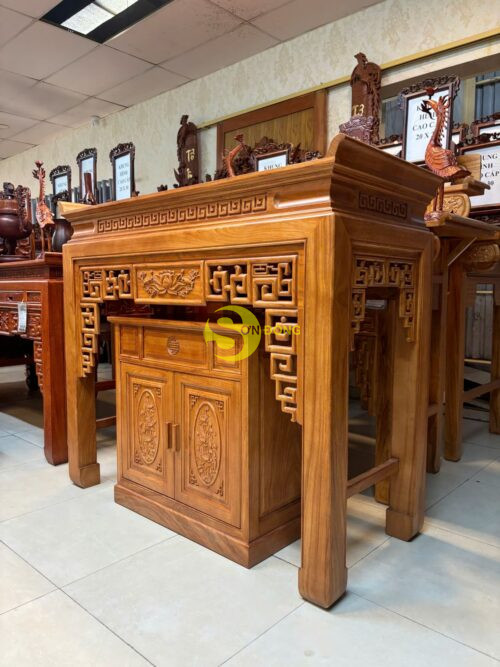 Bộ bàn thờ và tủ nhang gõ đỏ triện hoa sen 1,53m SD108 - Hình ảnh 5