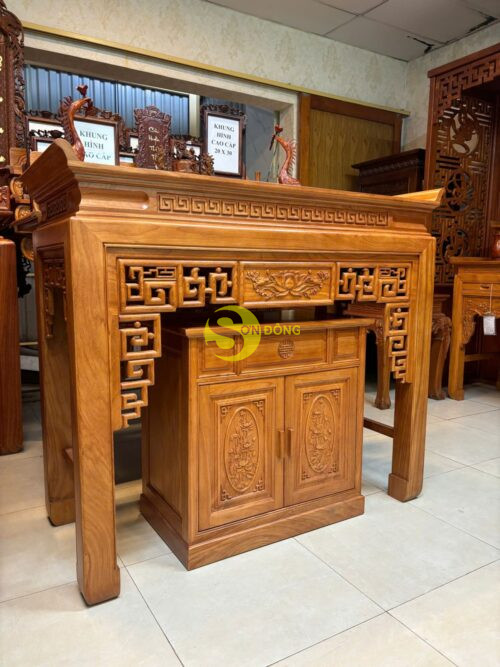 Bộ bàn thờ và tủ nhang gõ đỏ triện hoa sen 1,53m SD108 - Hình ảnh 4