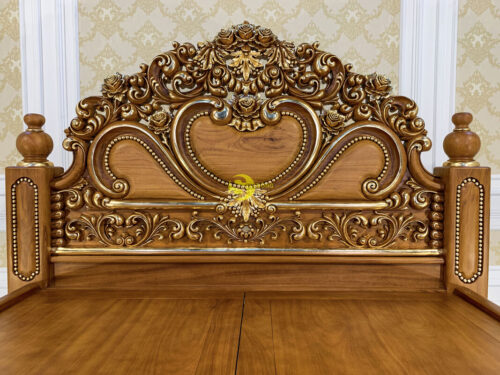 Giường ngủ hoàng gia cổ điển hoa hồng gõ đỏ dát vàng 2mx2.2m