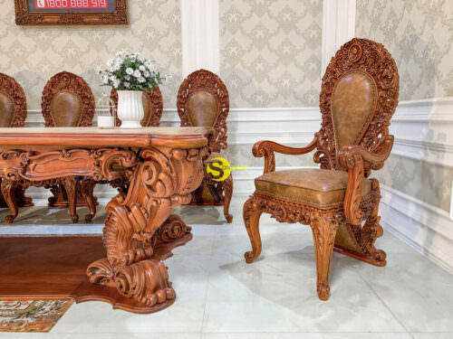 Bộ bàn ghế phòng bếp gỗ gõ đỏ phong cách cổ điển