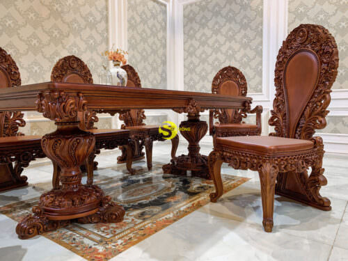 Bộ bàn ăn gỗ gõ đỏ Louis Fidia cao cấp