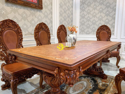 Bộ bàn ăn gỗ gõ đỏ Louis Fidia cao cấp