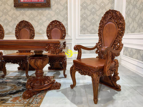 Bộ bàn ăn gỗ gõ đỏ Louis Fidia cao cấp