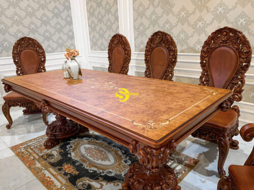 Bộ bàn ăn gỗ gõ đỏ Louis Fidia cao cấp