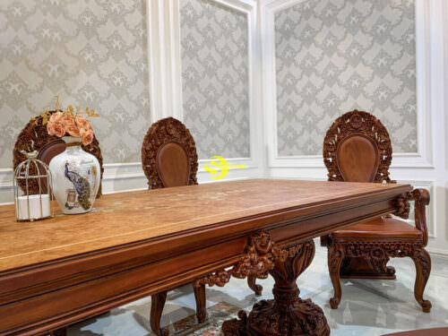 Bộ bàn ăn gỗ gõ đỏ Louis Fidia cao cấp
