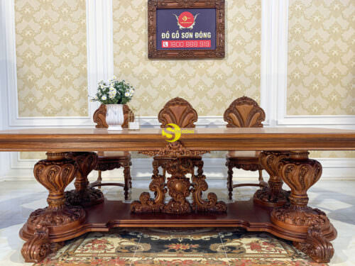 Bộ bàn ăn hoàng gia gỗ gỏ đỏ nguyên tấm Louis Fidia
