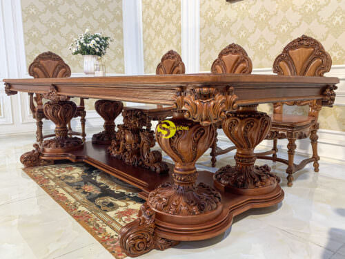 Bộ bàn ăn hoàng gia gỗ gỏ đỏ nguyên tấm Louis Fidia
