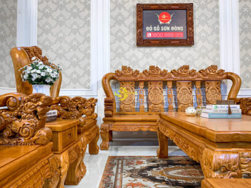 Bộ bàn ghế gõ đỏ chạm Lân 2 mặt tay 14 | 10 món - BBG231 - Hình ảnh 12