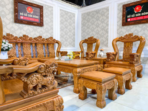 Bộ bàn ghế gõ đỏ chạm Lân 2 mặt tay 14 | 10 món - BBG231 - Hình ảnh 11