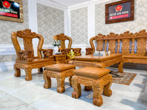 Bộ bàn ghế gõ đỏ chạm Lân 2 mặt tay 14 | 10 món - BBG231 - Hình ảnh 9