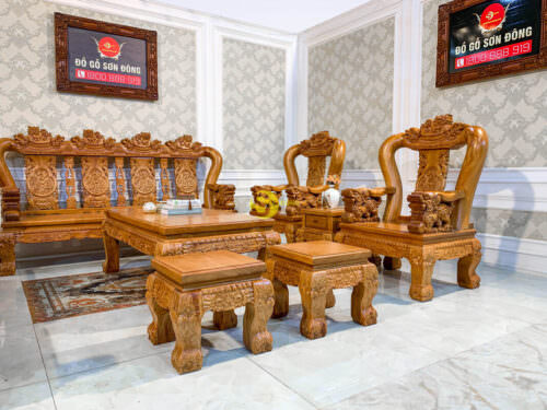 Bộ bàn ghế gõ đỏ chạm Lân 2 mặt tay 14 | 10 món - BBG231 - Hình ảnh 8