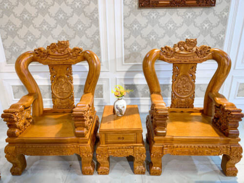 Bộ bàn ghế gõ đỏ chạm Lân 2 mặt tay 14 | 10 món - BBG231 - Hình ảnh 5