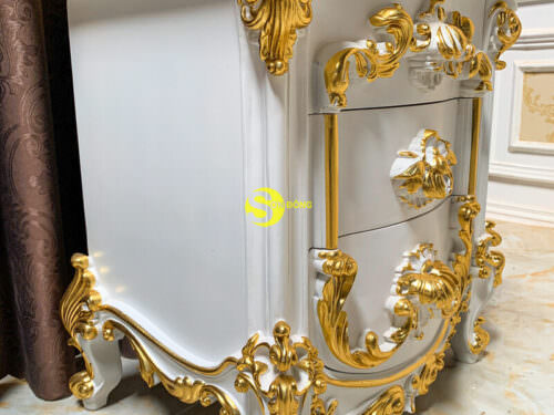 Tủ đầu giường cổ điển gỗ gõ đỏ sơn trắng dát vàng đẳng cấp hoàng gia - TDG029D