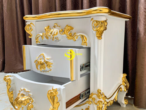 Tủ đầu giường cổ điển gỗ gõ đỏ sơn trắng dát vàng đẳng cấp hoàng gia - TDG029D