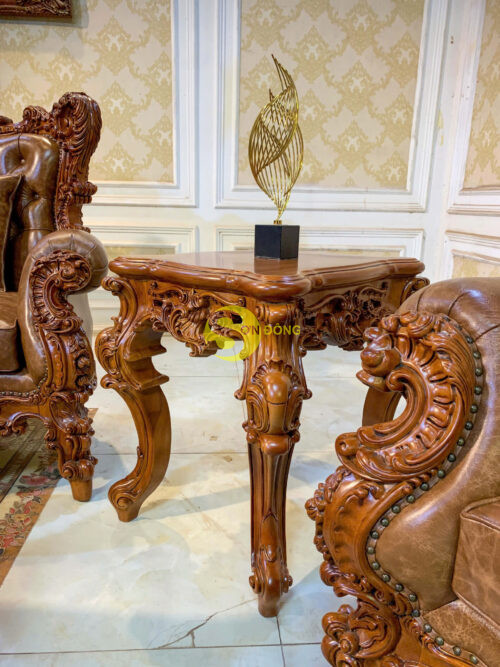 Bộ sofa Gỗ Cổ Điển Hoàng Gia Bọc Da Bò Cao Cấp 8 Món - SF62 - Hình ảnh 6