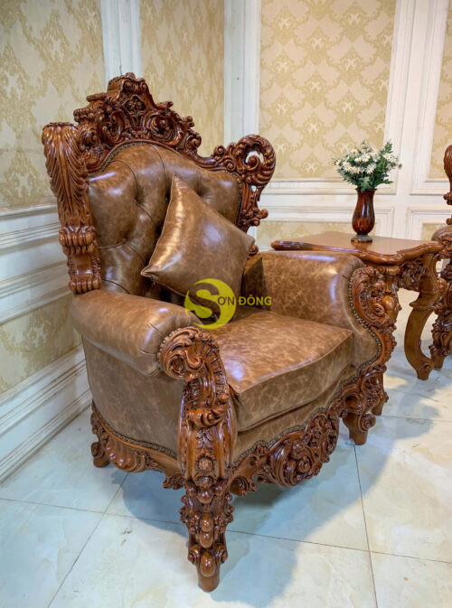 Bộ sofa Gỗ Cổ Điển Hoàng Gia Bọc Da Bò Cao Cấp 8 Món - SF62 - Hình ảnh 3