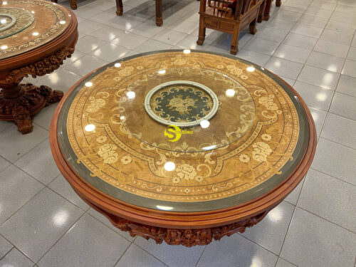 Bàn ăn tròn hoàng gia gỗ gõ đỏ cẩn verneer BAT789B