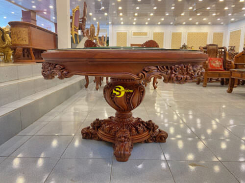 Bàn ăn tròn hoàng gia gỗ gõ đỏ cẩn verneer BAT789B