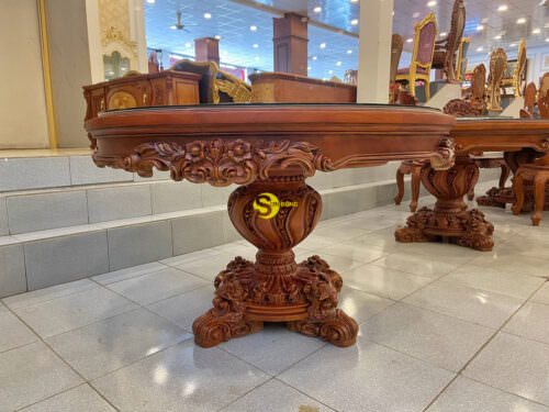 Bàn ăn tròn hoàng gia gỗ gõ đỏ cẩn verneer BAT789B
