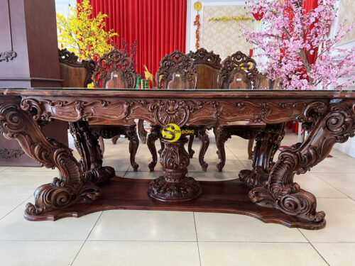 Bộ bàn ăn gỗ cẩm lai cẩn nu phong cách hoàng gia