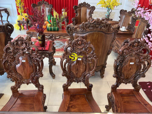 Bộ bàn ăn gỗ cẩm lai cẩn nu phong cách hoàng gia