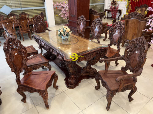 Bộ bàn ăn gỗ cẩm lai cẩn nu phong cách hoàng gia