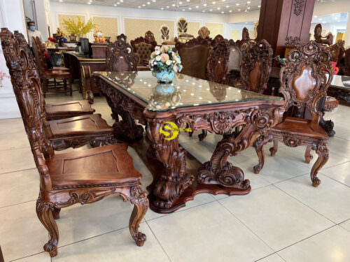 Bộ bàn ăn gỗ cẩm lai cẩn nu phong cách hoàng gia