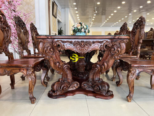 Bộ bàn ăn gỗ cẩm lai cẩn nu phong cách hoàng gia