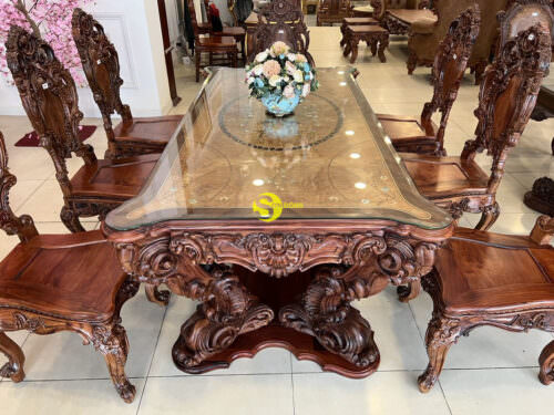 Bộ bàn ăn gỗ cẩm lai cẩn nu phong cách hoàng gia