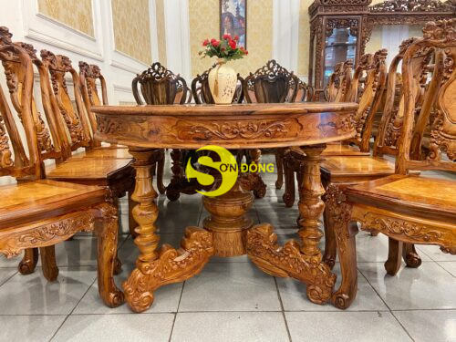 Bộ bàn ăn Cẩm Lai mặt nu Gõ Đỏ 08 ghế chạm đào tựa bình bàn ovan - BBA4358B - Hình ảnh 5