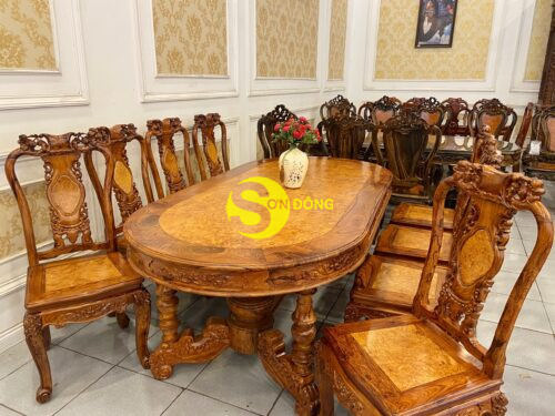 Bộ bàn ăn Cẩm Lai mặt nu Gõ Đỏ 08 ghế chạm đào tựa bình bàn ovan - BBA4358B - Hình ảnh 6