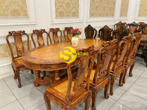 Bộ bàn ăn Cẩm Lai mặt nu Gõ Đỏ 08 ghế chạm đào tựa bình bàn ovan - BBA4358B - Hình ảnh 7