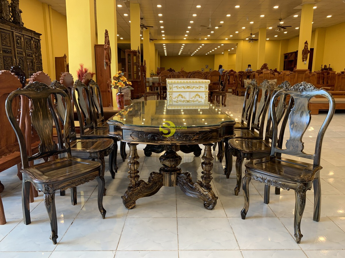 Bộ bàn ăn mun sọc Việt Nam 8 ghế bàn ovan – BBA5288B