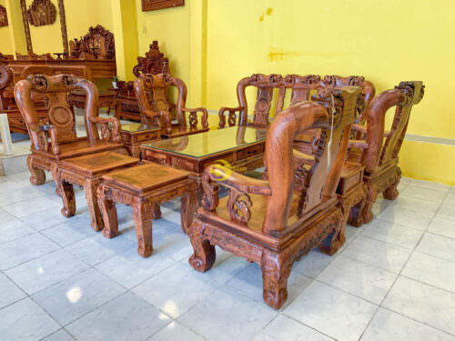 Bộ bàn ghế sofa gỗ cẩm lai chạm đào siêu đẹp cột 14 - 10 món BBG0601 - Ảnh 10