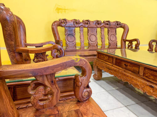 Bộ bàn ghế sofa gỗ cẩm lai chạm đào siêu đẹp cột 14 - 10 món BBG0601 - Ảnh 8