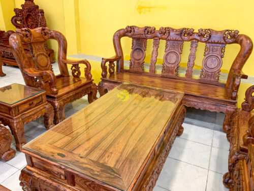Bộ bàn ghế sofa gỗ cẩm lai chạm đào siêu đẹp cột 14 - 10 món BBG0601 - Ảnh 5