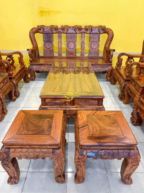 Bộ bàn ghế sofa gỗ cẩm lai chạm đào siêu đẹp cột 14 - 10 món BBG0601 - Ảnh 4