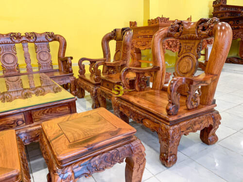 Bộ bàn ghế sofa gỗ cẩm lai chạm đào siêu đẹp cột 14 - 10 món BBG0601 - Ảnh 3
