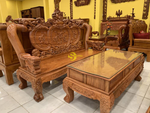 Bộ bàn ghế hương đá nghê đỉnh long phụng mặt liền 6 món tay 12 - BBG379 - Ảnh 3