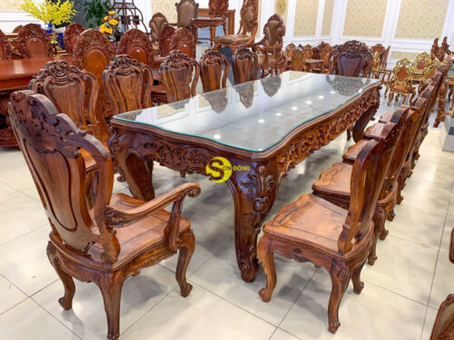 Bộ bàn ăn cổ điển gỗ cẩm lai 12 ghế BBA410