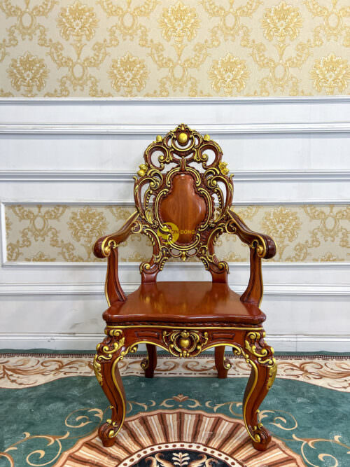 Ghế ăn chủ tọa hoàng gia Louis Minerva mặt liền tấm tay cong dài dát vàng - GA087AD