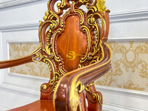 Ghế ăn chủ tọa hoàng gia Louis Minerva mặt liền tấm tay cong dài dát vàng - GA087AD