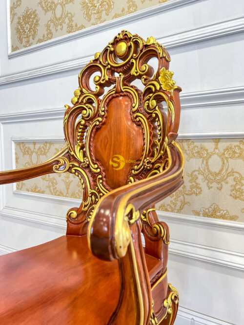 Ghế ăn chủ tọa hoàng gia Louis Minerva mặt liền tấm tay cong dài dát vàng - GA087AD
