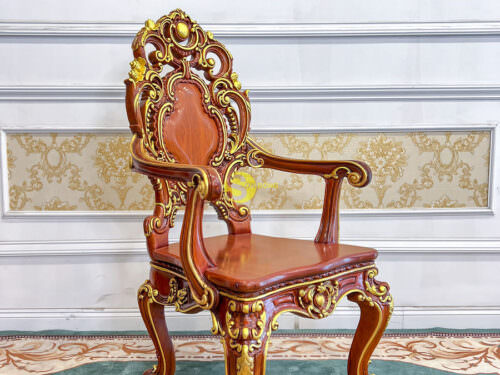 Ghế ăn chủ tọa hoàng gia Louis Minerva mặt liền tấm tay cong dài dát vàng - GA087AD