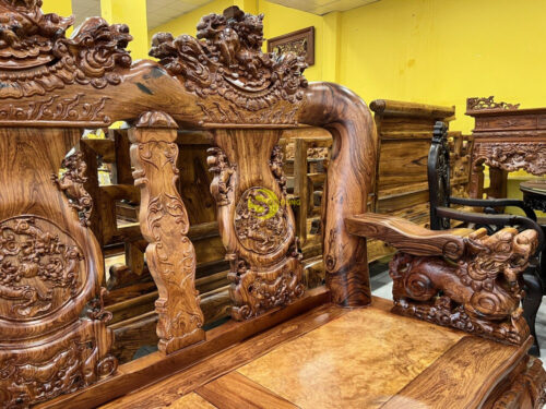Bộ bàn ghế cẩm lai chạm kỳ lân mặt nu Hương Lào cực đẹp cột 16, 6 món
