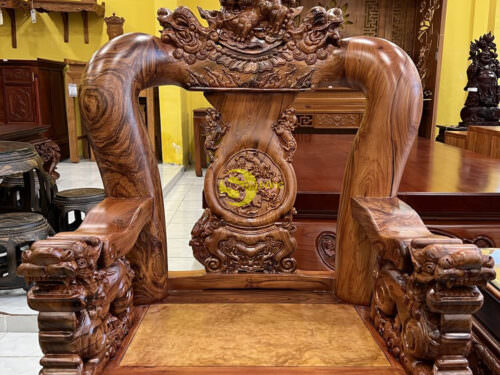 Bộ bàn ghế cẩm lai chạm kỳ lân mặt nu Hương Lào cực đẹp cột 16, 6 món
