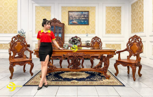 Bàn ăn cổ điển Louis Fidia gỗ gõ đỏ cao cấp BA232