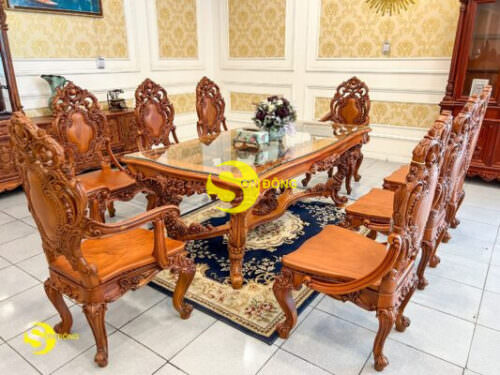 Bàn ăn cổ điển Louis Fidia gỗ gõ đỏ cao cấp BA232